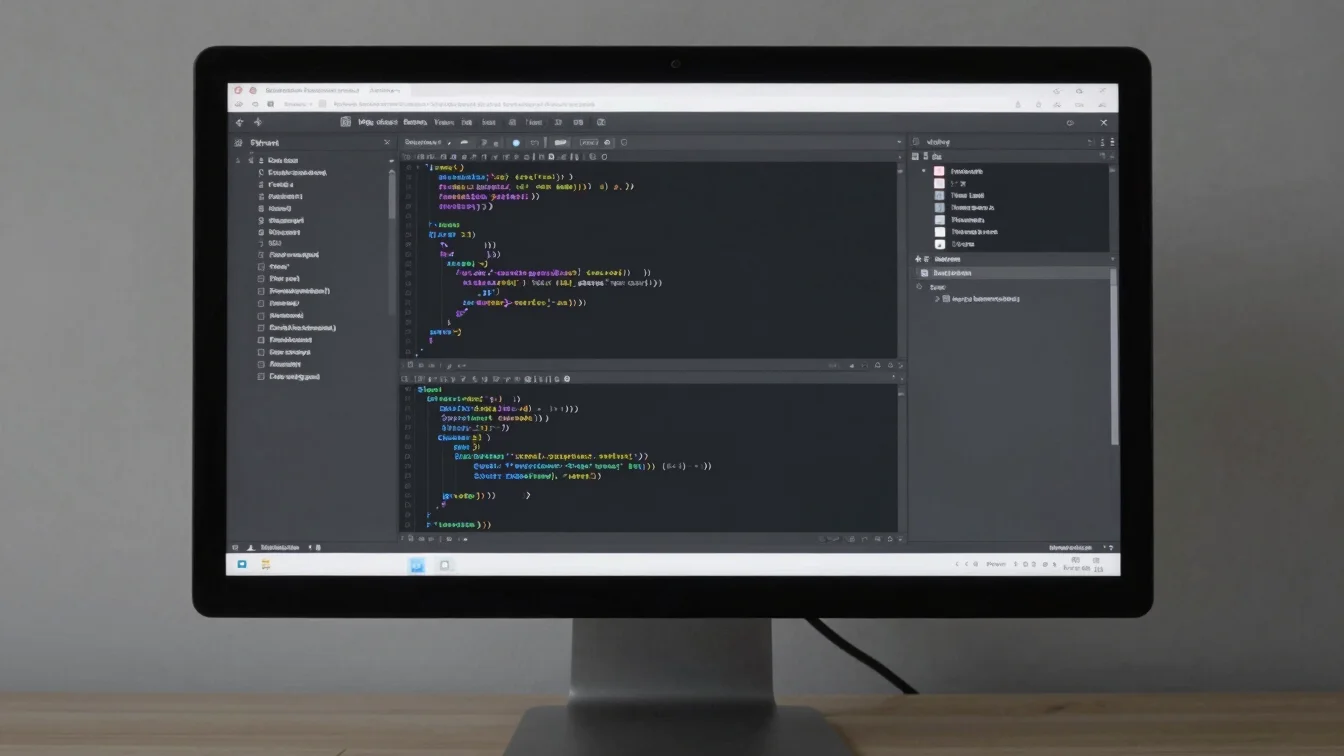 Close-up of a minimalist workstation screen displaying code components and design system documentation, cool neutral stu