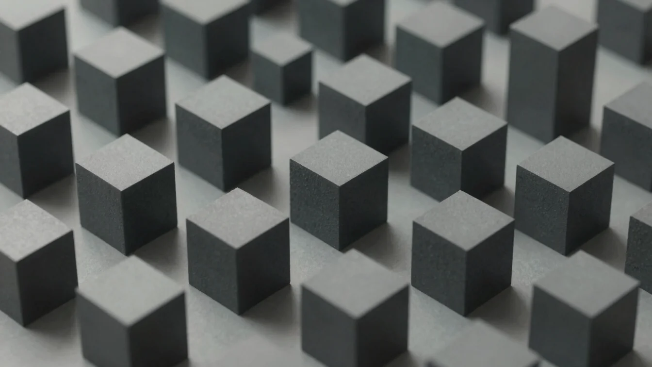 Isometric view of interlocking abstract geometric blocks, cool neutral studio lighting, muted charcoal and slate tones,